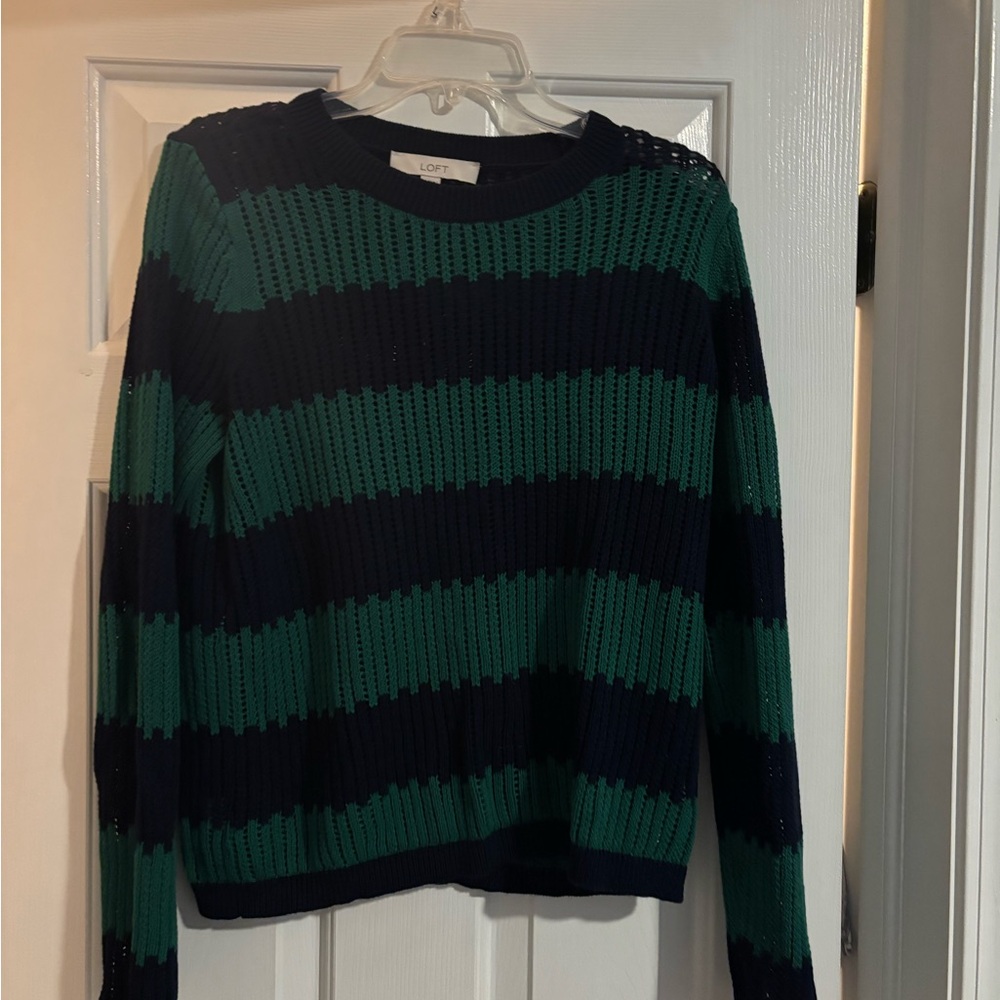 LOFT Green and Blue Striped Crew Neck Sweater